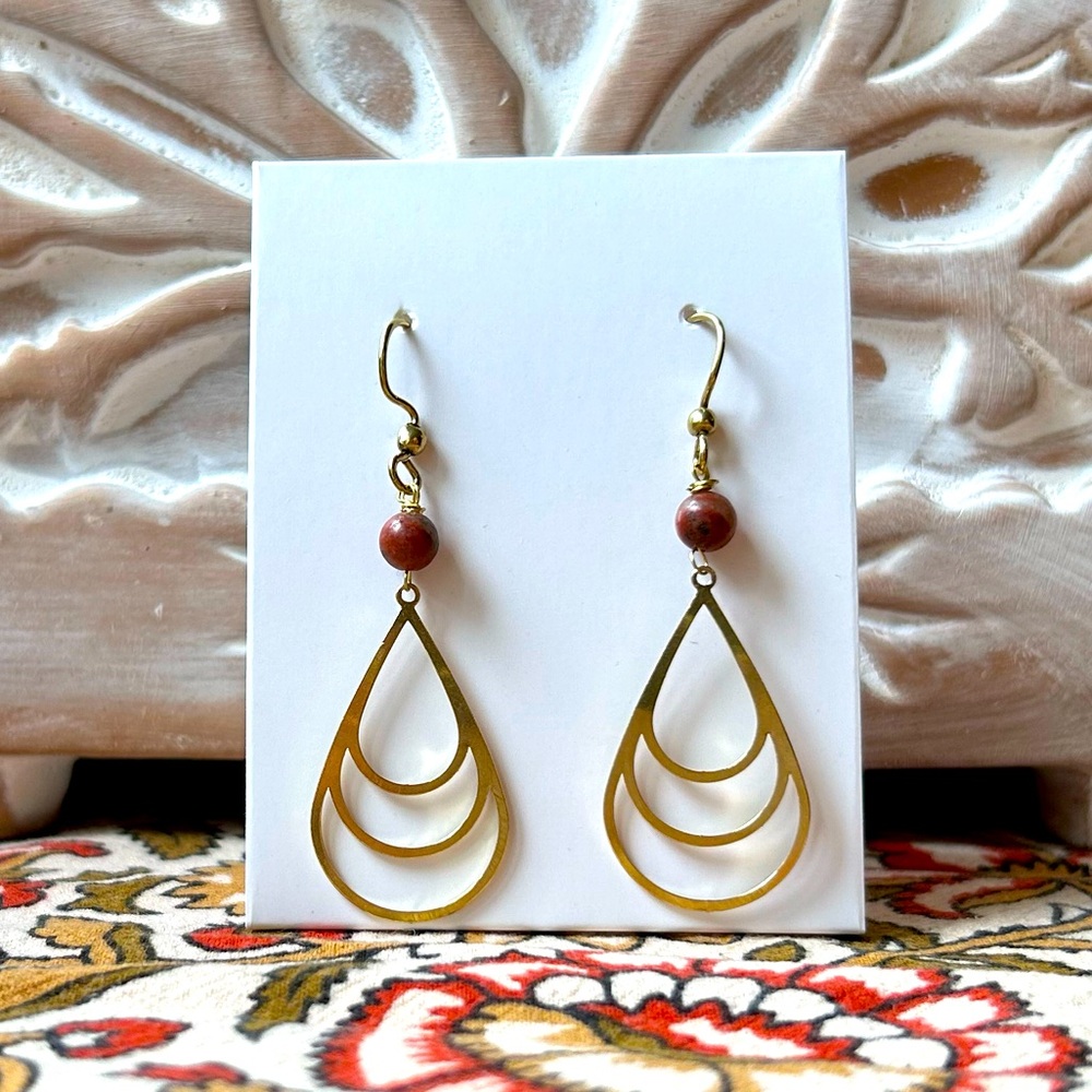 Handmade Tear Drop and Red Jasper Earrings - Brass - 2” Drop - New
